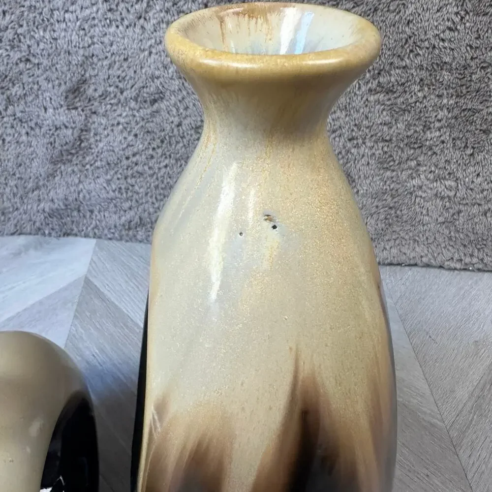 Pair of 2 Vases MCM Mid Century Modern Ceramic Brown Tan Beige Oval Circle